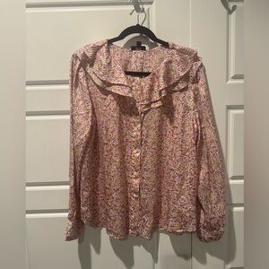 J.Crew Ruffle Top in the Field Day print Preppy Pinks Satin Blouse Size large